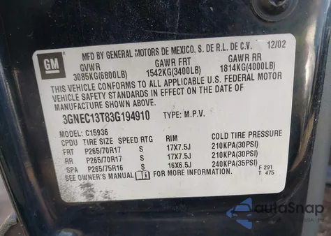 2003 Chevrolet Avalanche 1500 from USA, damaged, VIN 3GNEC13T83G194910